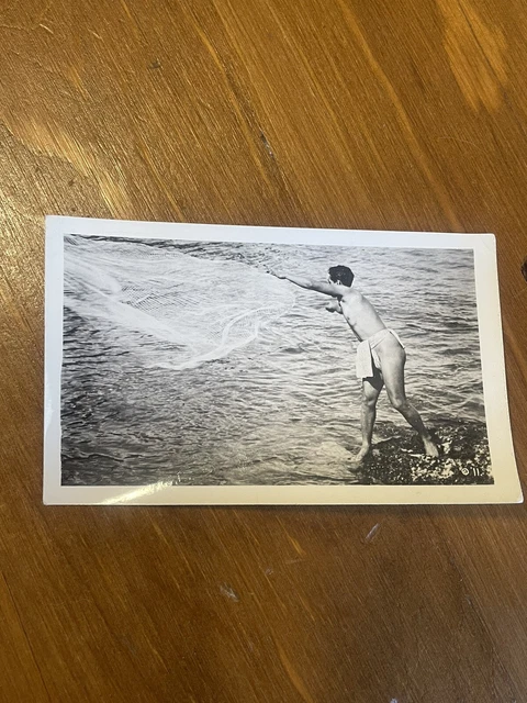 Vintage Photograph Net Throwing Hawaiian Islands Black And White Man Ocean