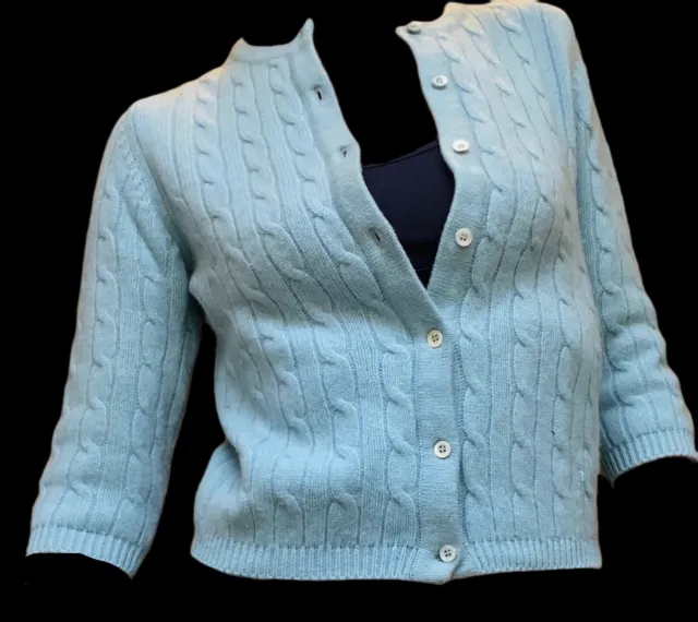 Ralph Lauren Black Label Cashmere Cable Knit Cardigan Sweater Sky Blue New S-M
