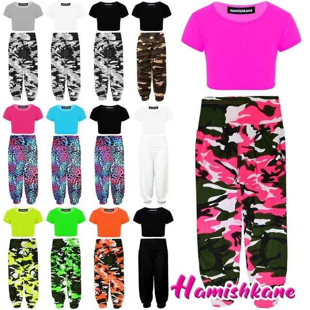 Girls Kids Neon Crop Top Army Camo Print Alibaba Harem Pants 2 Pcs Dance Sets