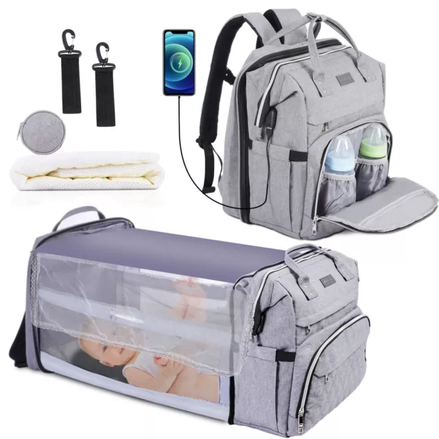 Maternity Travel Diaper Backpack, Foldable Baby Crib w/Changing Pad, Mom USB Ext