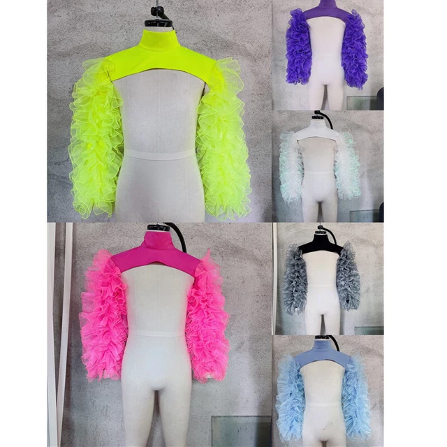 Women Mesh Shawl Shoulder Dance Stage Performance Bubble Sleeves Vest Costume