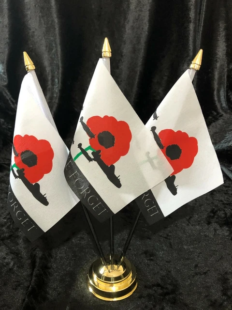 RAF MILITARY LEST We Forget Poppy Remembrance Day 3 Flags Table Flag ...