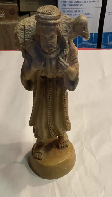 VTG Hand  Carved Wood Figurine Shepherd Holding a Sheep 9.5”