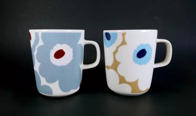 2 Marimekko Coffee Mugs Oiva Unikko Blue Beige Floral Poppy 8.5 Oz. Cups