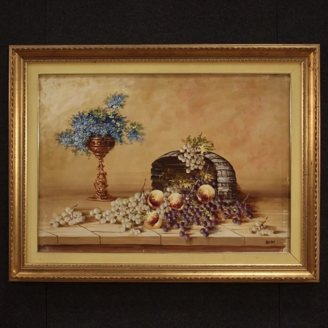 Bodegon firmado jarron frutas flores marco dorado pintura oleo sobre lienzo 900