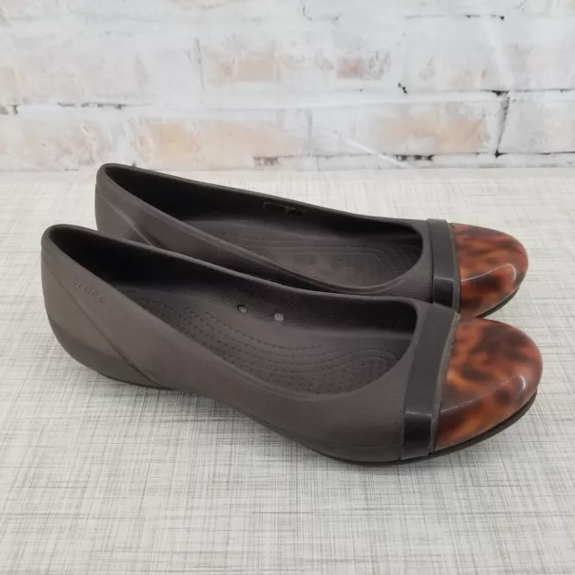 Crocs Tortoise Shell Cap Toe Brown Slip On Ballet Comfort Flats Women's Size 7