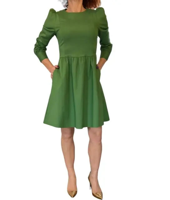 Love Moschino Womens Mini A Line Green Dress Puff Sleeve A Line Pockets 8 Fits 6