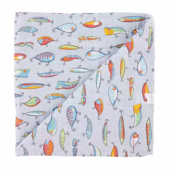 Mud Pie Kids Fishing Lure Fish Print Muslin Cotton Baby Boys Swaddle Blanket