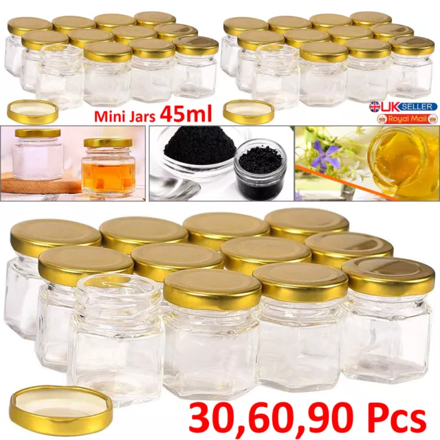 90PCS 45ml Hexagon Glass Jars Spice Herb Jam Mason Top Airtight Mini Bottles Jar