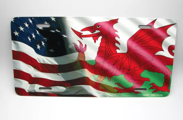 Welsh, Wales American Flag Metal Car License Plate. Welsh Dragon License Plate