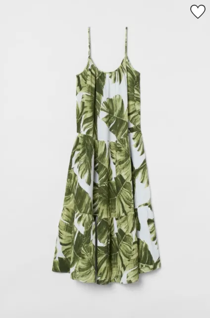 H&M White & Green Palm Print Tropical Crepe Midi Maxi Dress Size Small UK 6 8 10