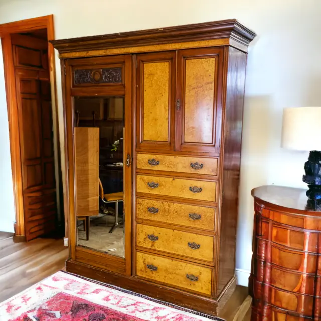 Late Victorian Mirror Door Compactum Wardrobe Oak & Burr Walnut