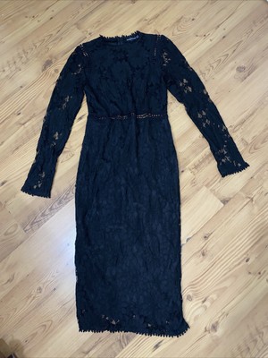 Pretty Little Thing black long sleeve lace effect bodycon dress size 10