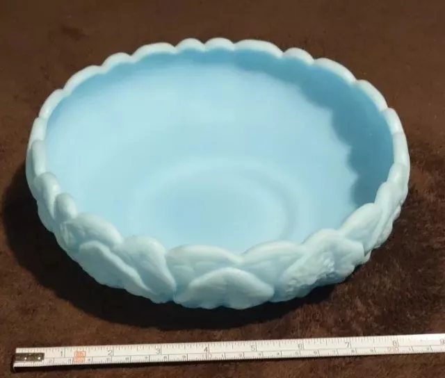 BEAUTIFUL Vintage Fenton Blue Satin Glass w/ Water Lily Pattern #8424-BA 8" Bowl