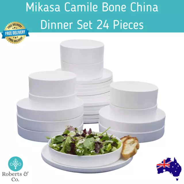 Mikasa Camile Bone China Dinner Set 24 Pieces Plates and Bowels Set White