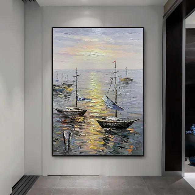Large Wall Art Seascenery Boat Painting Handmade Canvas Oil Painting Home Office