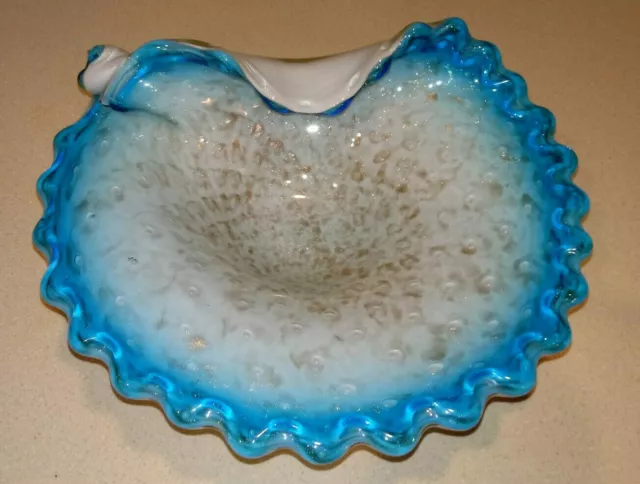 Murano Art Glass Blue Controlled Bubble Gold Fleck Shell Bowl