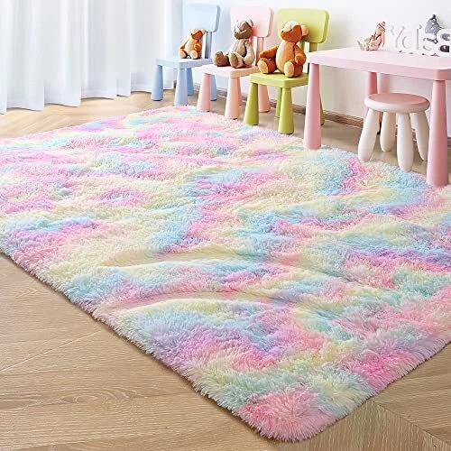 Rainbow Rug for Girls Bedroom, 4x6 Feet Area Rug Tie Dye Rugs for Girls Room,