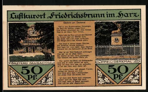 Notgeld Friedrichsbrunn 1921, 50 Pfennig, Försterei Dambachhaus, Pfeil-Denkmal,