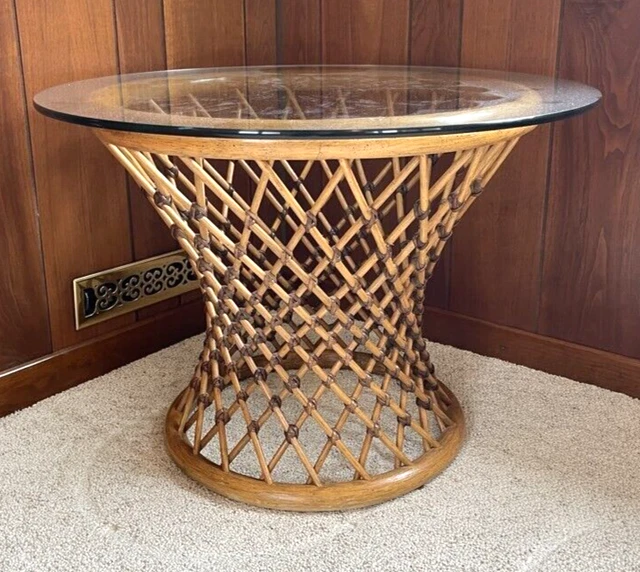 Vtg  Boho Mid Century Rattan Bentwood Basket Weave Accent Side Table