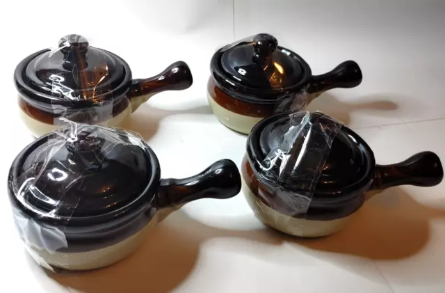 4 Pottery French Onion Soup/Chili Crock Pot Bowls w/ Handle & Lid Brown 16oz 822