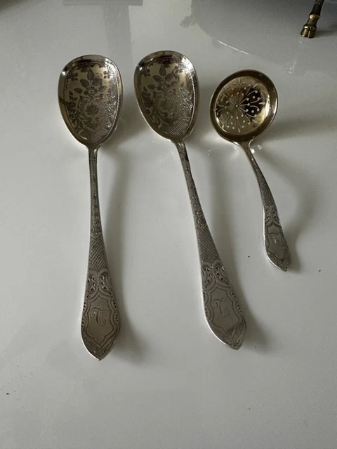 Set of 2 Victorian Silver Fruit Serving Spoons and Sugar Sifter, 1897 Aitkin Bro