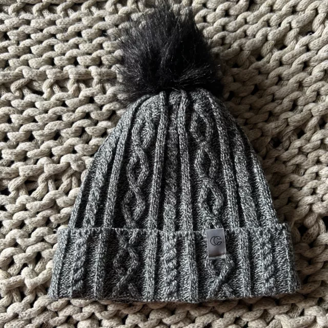 Chaos Womens Knit Beanie Fleece Lining Dark Gray & White With Black Pom NWOT