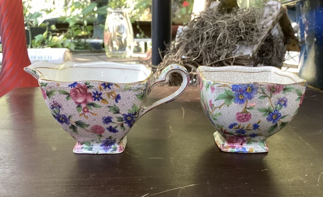 Vintage Royal Winton Grimwades England Old Cottage Chintz Creamer & Sugar Set 2
