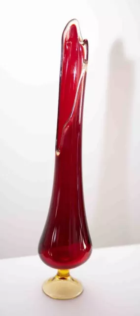 Vtg LE Smith Swung Pedestal Vase Red Orange Amberina Smooth Glows MCM 20.5”