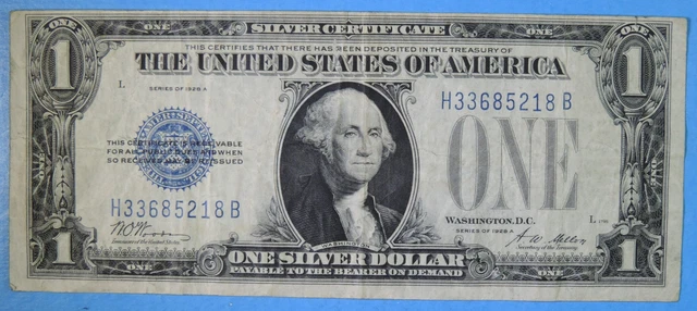 1928 A $1 U.S. Small Size Silver Certificate Blue Seal Note Funny Back FR# 1601