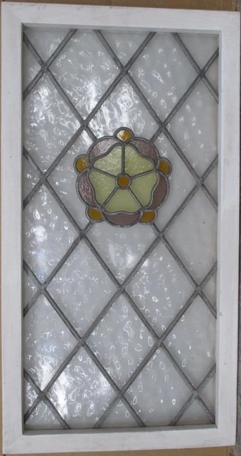 MIDSIZE OLD ENGLISH LEADED STAINED GLASS WINDOW Cute Floral 18" x 33.75"