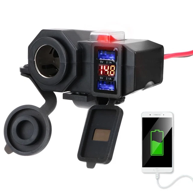 Motorcycle Handlebar Charger - Digital Dual USB Port Cigarette Lighter Socket 5V