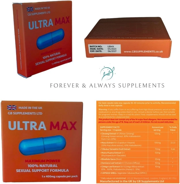 Ultmax Capsule ULTRA MAX BLUE High Strength 400mg Capsules 100% Natural Support ...