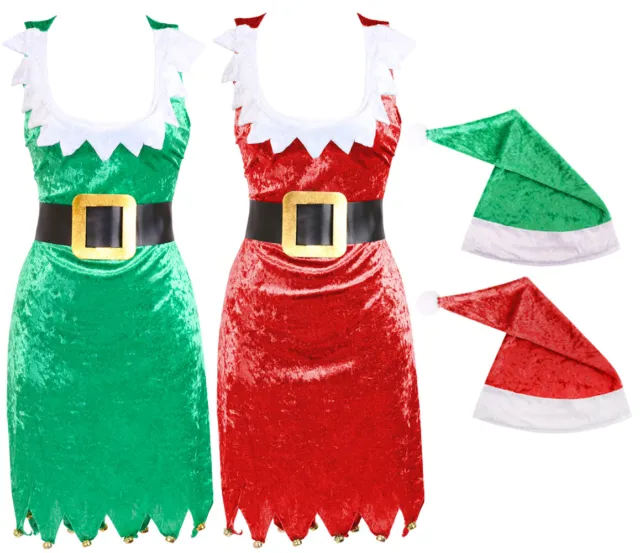 Ladies Christmas Velour Dresses  Jingle Bell Sexy Xmas Costumes Elf Fancy Dress