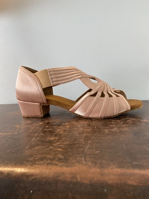 NEW Yy Ting Beige Satin Slip On Ballroom Dance Salsa Heels Leather Soles SZ 9
