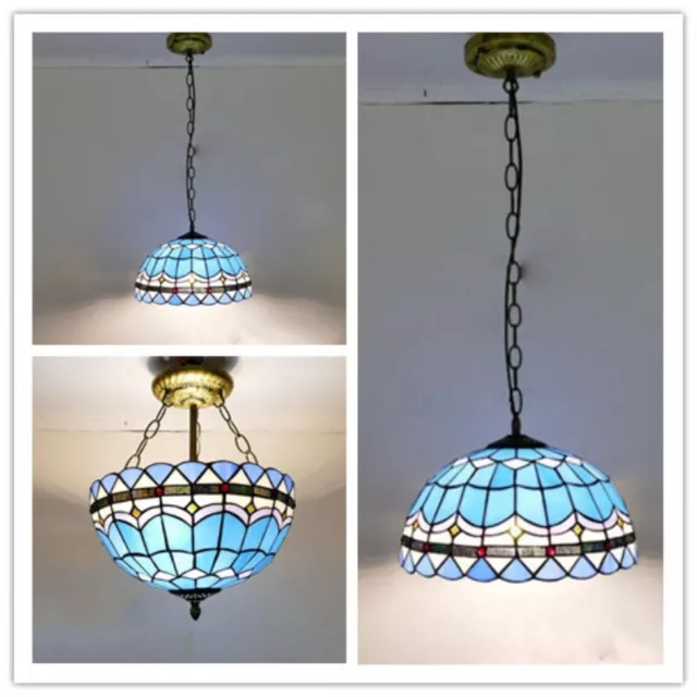Tiffany 12 inch European Style Chandelier Ceiling Lamp Stained Glass Shade Blue