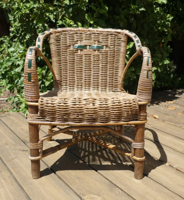 Petit Fauteuil De Poupée En Osier Bambou – Vintage Avec Coussin Fleuri
