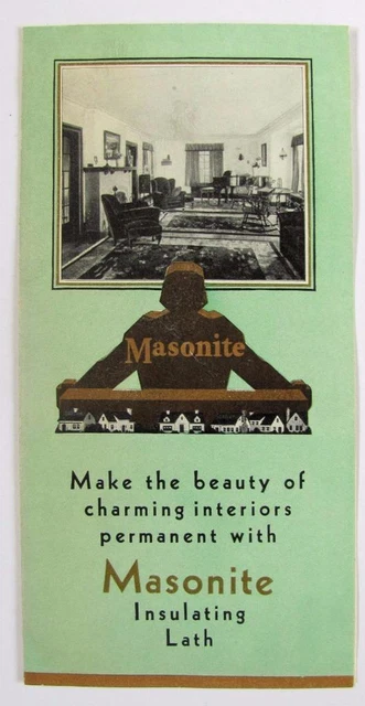 OLD ca. 1930 GRAPHIC VINTAGE ARCHITECTURE BUILDING AD w MASONITE INSULATING LATH