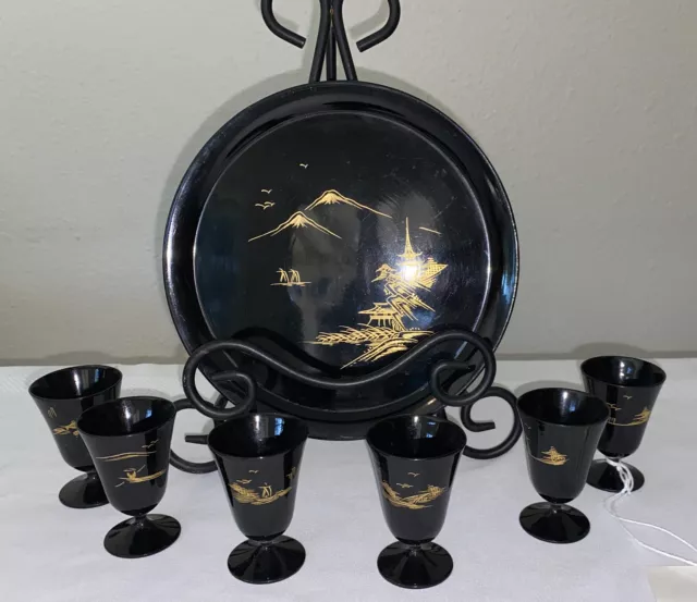 Oriental Asian Saki Black & Gold Lacquer Round Tray & Tiny Goblets Tells a Story