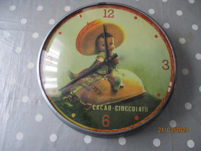Pendule Horloge Publicitaire Cacao Cioccolato Verre Bombé Année 80