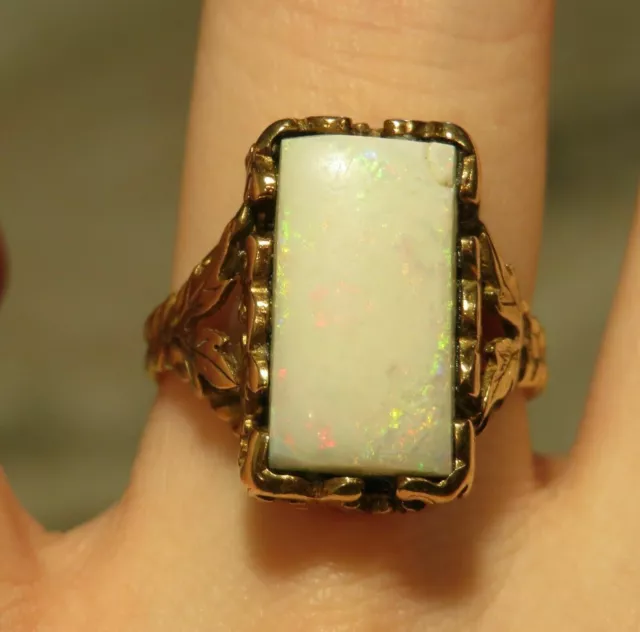 14K Antique Vintage Handmade Artisan Victorian Art Deco Floral Opal Ring