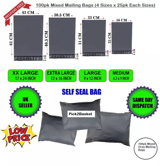 100 x Mixed Grey Mailing Poly Postal Self Seal Bags 4 Sizes 25 from Each Bags UK