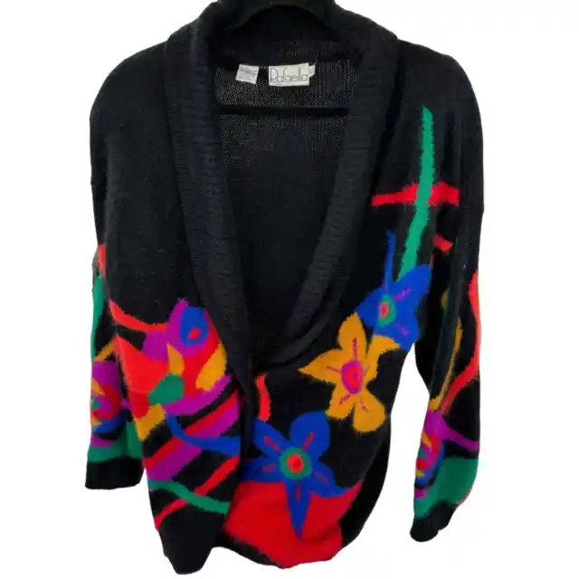 Vtg Rafaella Angora Lambs Wool Sweater Cardigan Black Floral Womens Large 80s
