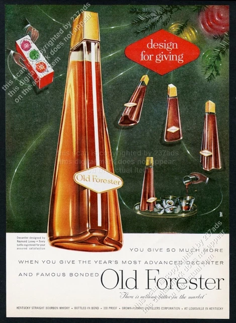 1956 Old Forester Bourbon Whiskey modern Loewy bottle art Xmas vintage print ad