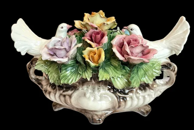 Rare Vintage Capodimonte Porcelain Nuova Flower Basket Centerpiece Italy 18.5”