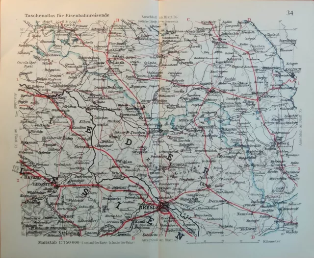 +Niederschlesien Teil 2+alte kleine Landkarte +Breslau, Wroclaw+ Eisenbahnlinien