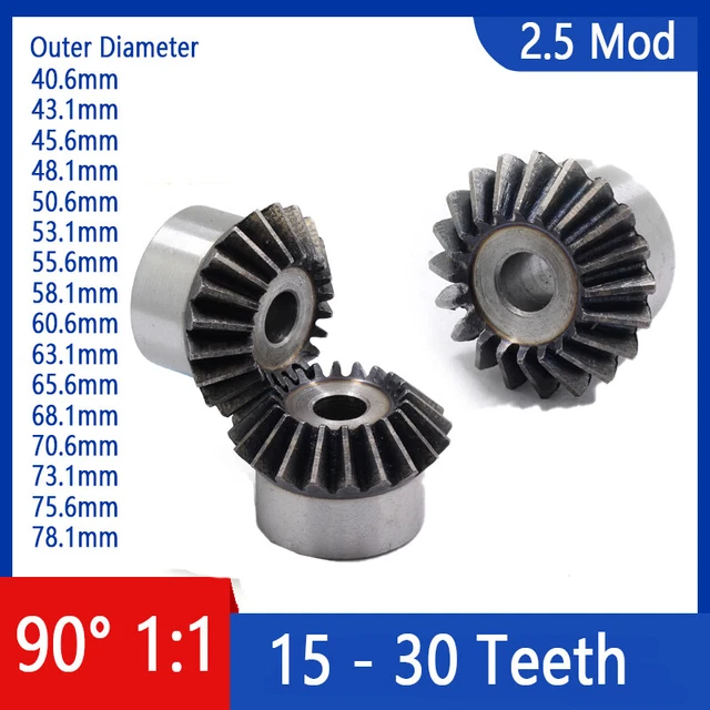 2.5 Modulus Bevel Gear 1:1 15T - 30T Tooth Transmission Gears 90° 45# Steel