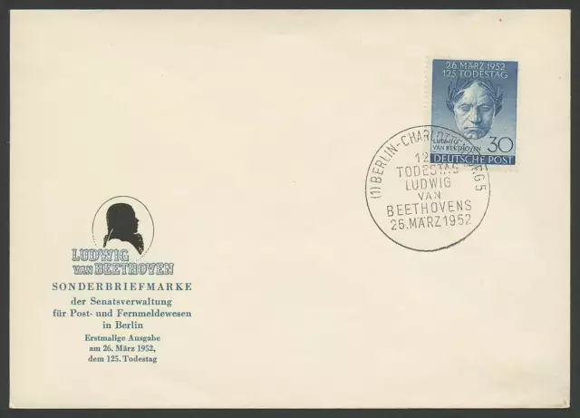 Berlin Nr. 87 Ersttagsbrief / FDC Ludwig van Beethoven 1952, Mi. 120,- Euro