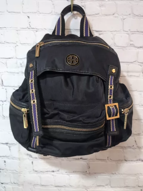 Tory Burch Palma Black Nylon Backpack Womens Bag Purple Accent MISSING 1 BUCKLE