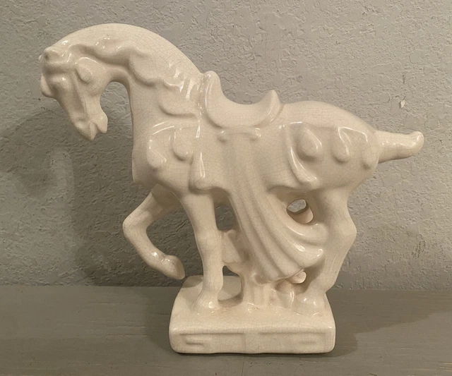 Vintage Tang Dynasty Style Crackle Glazed Ceramic White Horse Statue